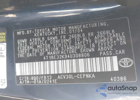 2004 Toyota Camry Le from USA, damaged, VIN 4T1BE32K94U308806